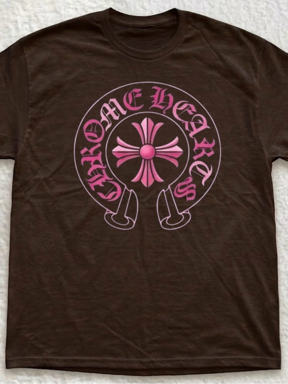 Gildan Brown Short Sleeve Tee with Pink Graphic Crest
